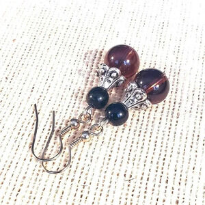 Antique Silver Carved Bead Caps Purple Black Glass Earrings